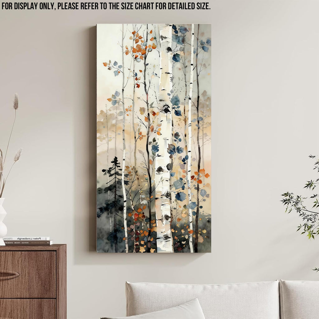 Birch Tree Canvas Wall Art Vertical Forest Watercolor Painting, Modern Nature Canvas Prints, Green Bathroom Decor
