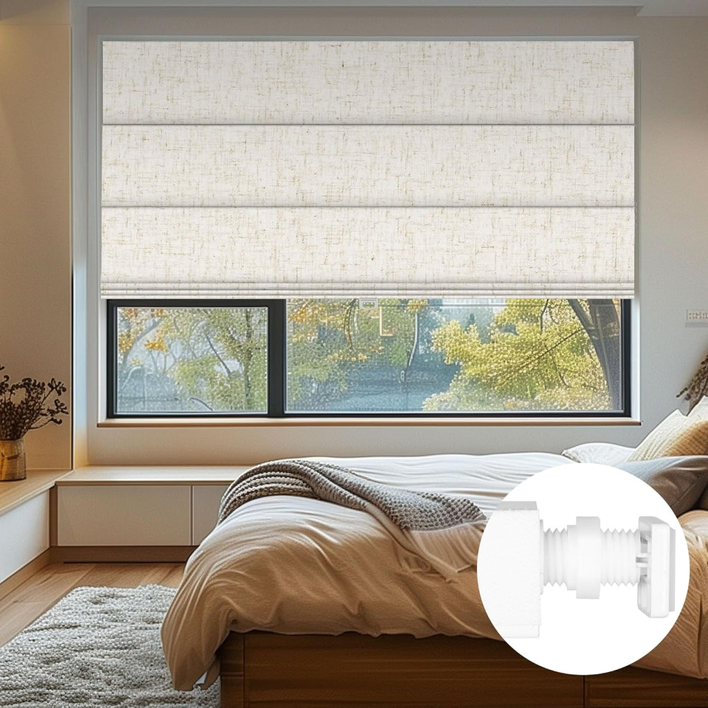 No Drill Cordless Roman Shades for Window, Blackout Roman Blinds Room Darkening Pull Down Blinds Easy Install Linen