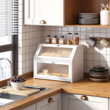 Bread Box - Countertop Bin Double Layer Storage Container Extra Large Capacity Farmhouse with Diamond Pattern Windows (White