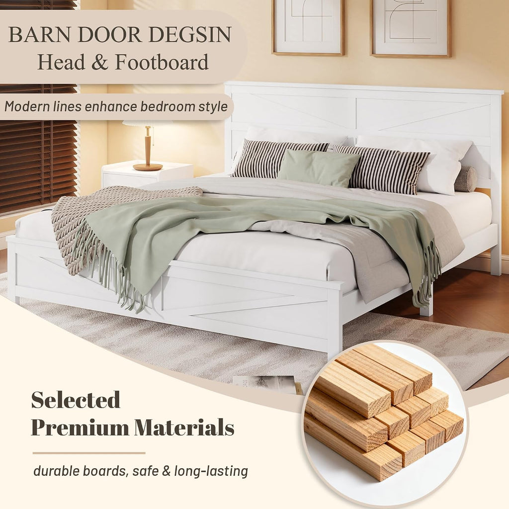 Rustic Platform Bed Frame with Barn Door Design Headboard and Footboard for Bedroom, King Pine Wood Bed with Wooden