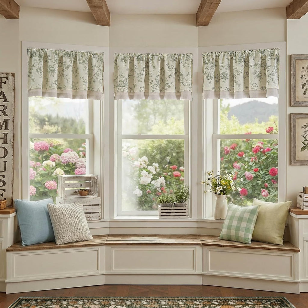 Amlie Floral Linen Valance Curtain Farmhouse Kitchen Valance for Living Room Laundry Light Filtering Double Layer