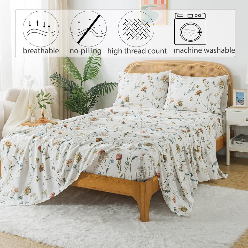 California King Printed Bed Sheets 100% Cotton Vintage Floral Pattern Sheet Set Wildflower Bedding Brown Beige
