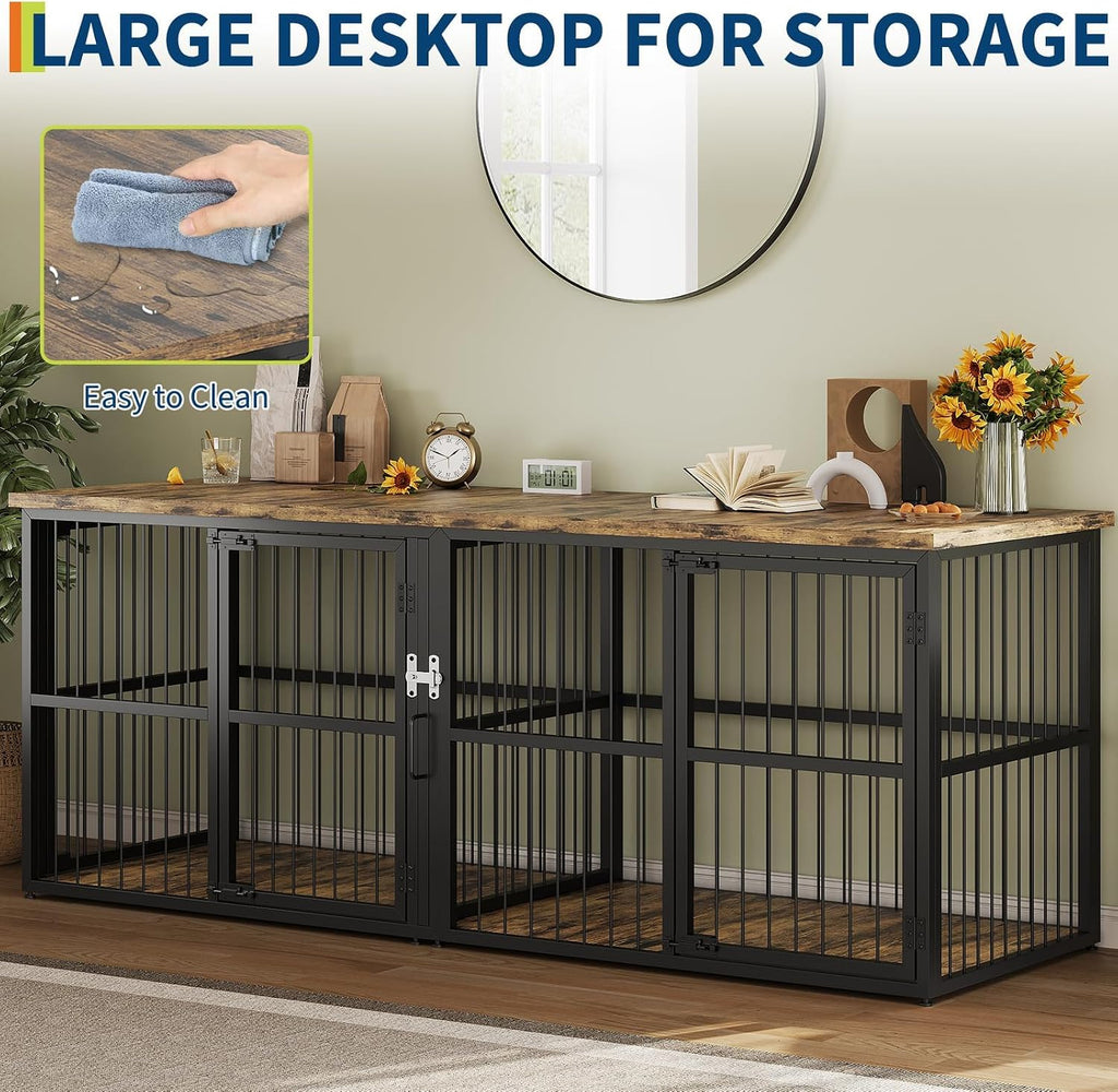 XXL Double Dog Crate Furniture - Heavy Duty Wooden Kennel with Divider - 2 Lockable Doors - Indoor Large Dog Cage