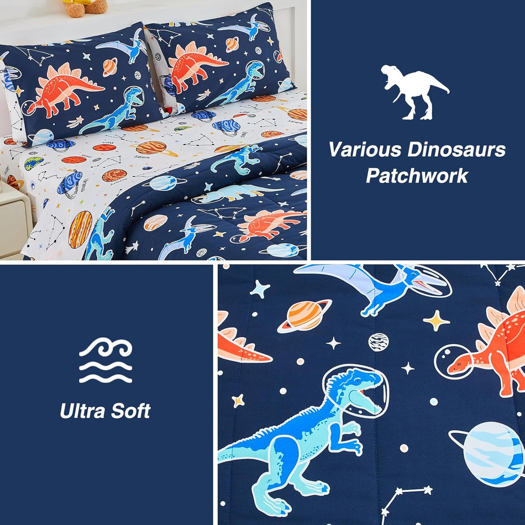 5pc Glow in The Dark Kids Comforter Set,Dinosaur Galaxy Printed, Space Bedding Set Full for Boys Girls Teen