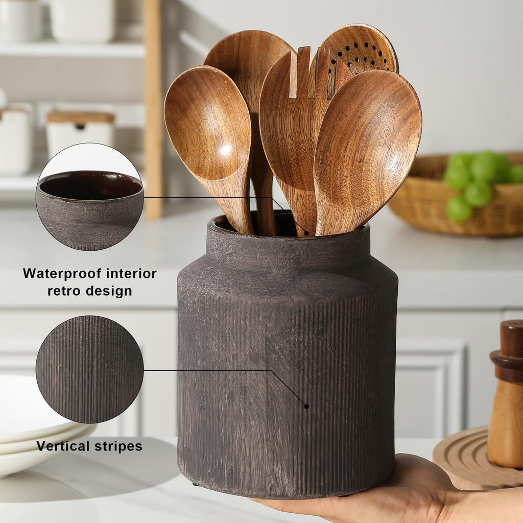Farmhouse Ceramic Farmhouse Kitchen Utensil Holder for Countertop, Rustic Cooking Utensil Holder Crock Fit Counter.