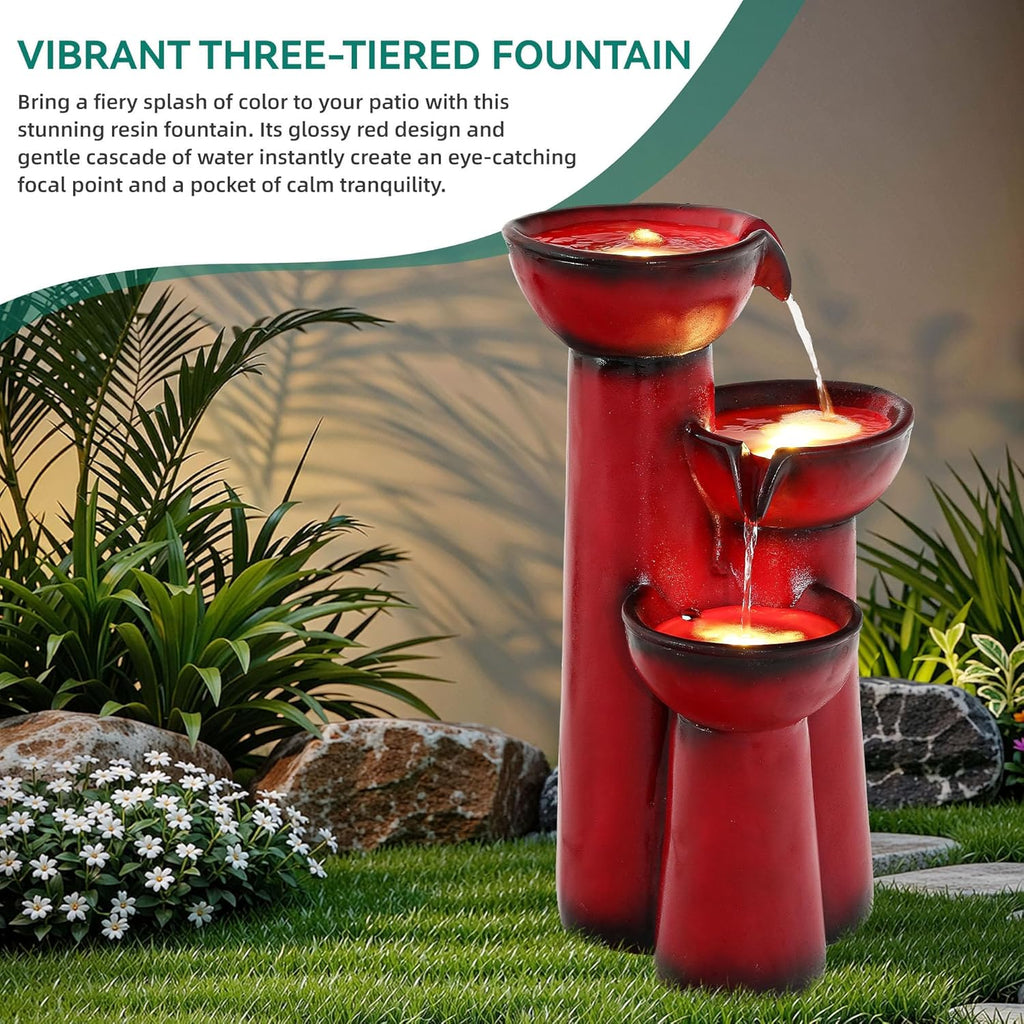 27" Outdoor Water Fountain with LED Lights, 3-Tier Cascading Faux Ceramic Column Water Feature with Pump Patio