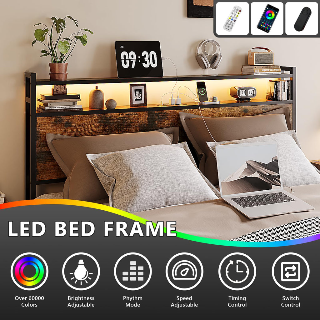 King Bed Frame with 4 Storage Drawers and Adjustable Headboard Shelf, Metal Platform Captain Bed with Charging