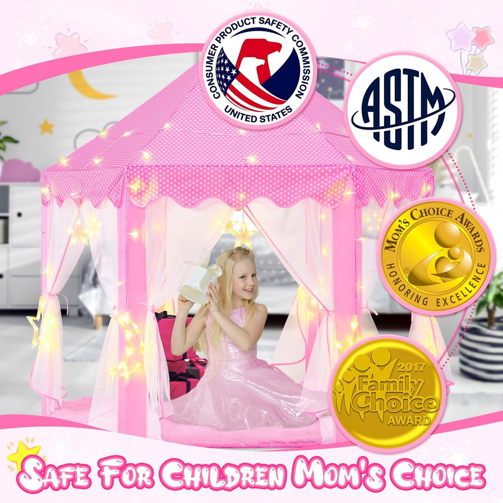 Princess Tent with Large Star Lights for Girls Age 4-7, Kids Play Tent for Girls Indoor, Castle Playhouse