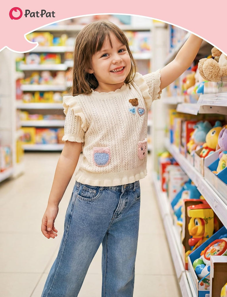 Girls Baggy Wide Leg Jeans, Cute Bow Elastic Waist Denim Pants