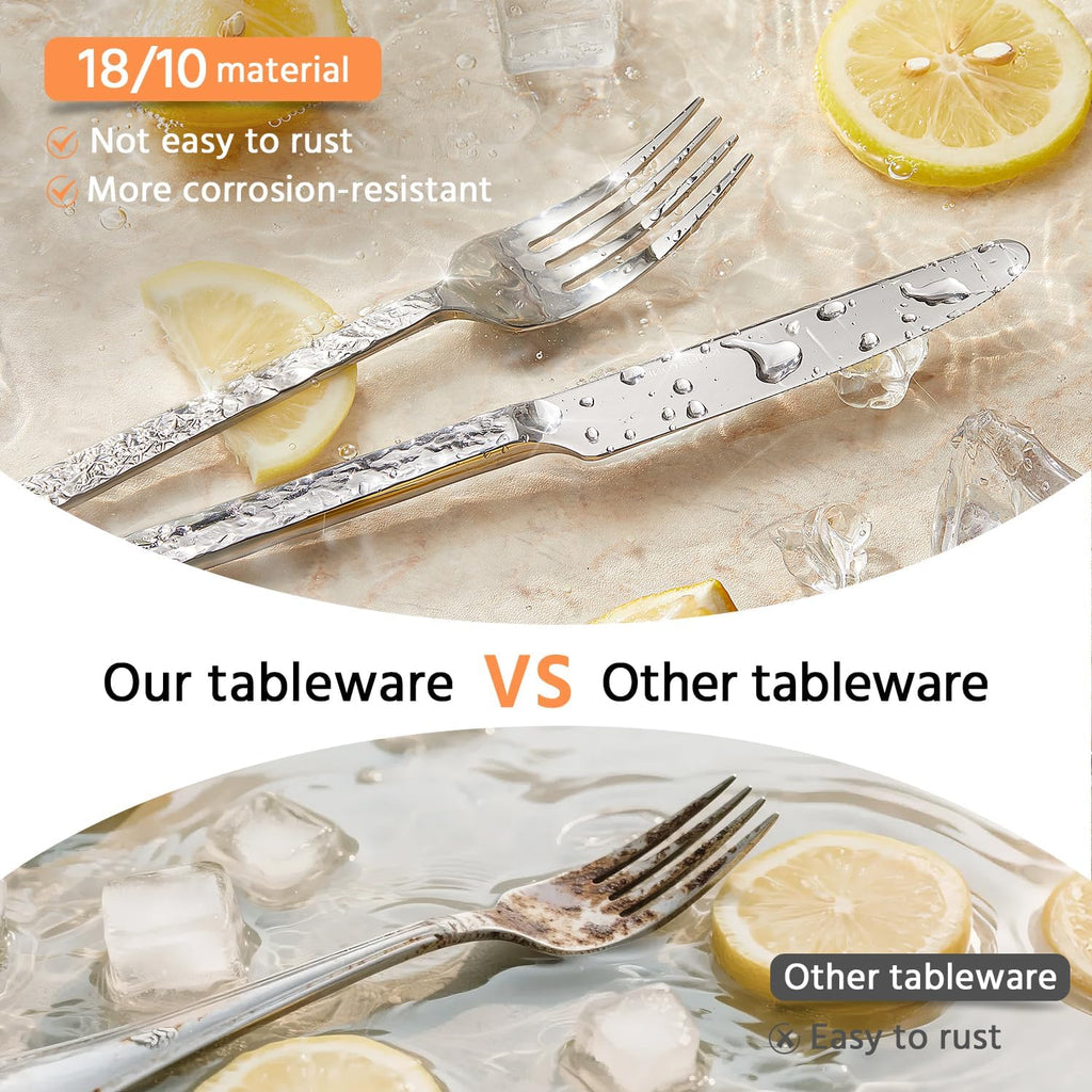 60 Pieces Hammered Silverware Set for 12, 18/10 Stainless Steel Heavy Duty Flatware Set, Tableware Cutlery Utensil Sets