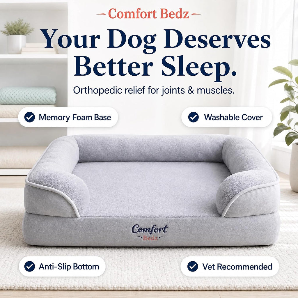 Orthopedic Dog Sofa Bed, Gray, Plush, Raised Bolsters, Supportive Foam, for Dogs (Large)