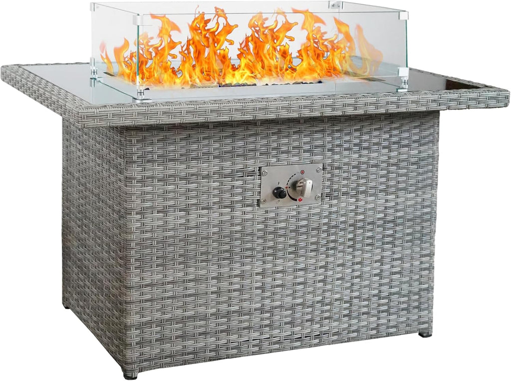 40" Propane Fire Pit Automatic Ignition, 55000 BTU Outdoor Fire Pit with Dust Cover, Rattan Rectangular Design Featuring Glass Windshield, Fire Pit - Image 8