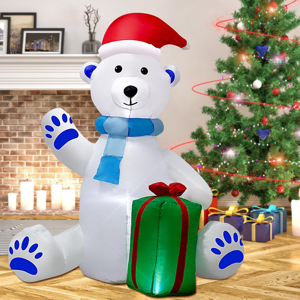 5FT Christmas Inflatable White Bear Hold Gift Decoration