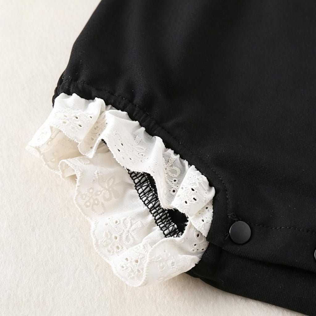 Vintage Newborn Girls Black Lace Trim Peter Pan Collar Bubble Romper
