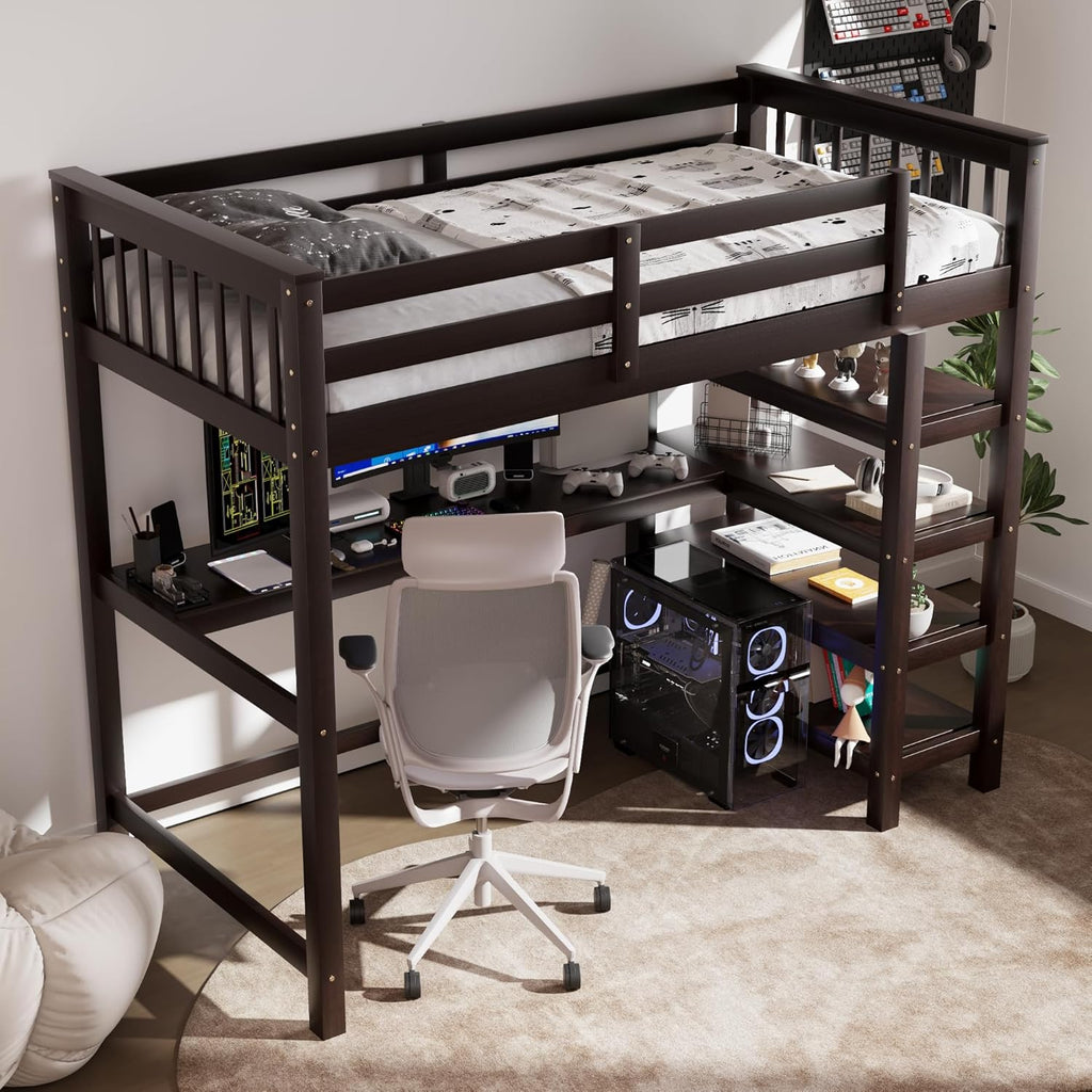 Wood Loft Bed with Desk and Shelves : Twin Bed with Storage Shelves and Under-Bed Desk, Twin Loft Bed, Espresso Color
