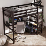Wood Loft Bed with Desk and Shelves : Twin Bed with Storage Shelves and Under-Bed Desk, Twin Loft Bed, Espresso Color