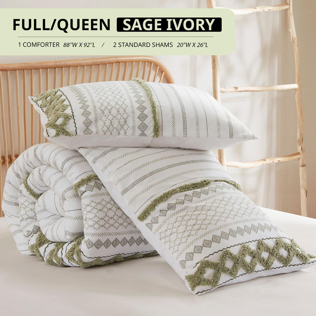 Queen Comforter Set, Boho Comforters, Breathable Cotton Bed Set, All Season Modern Chenille Tufted Comforter with