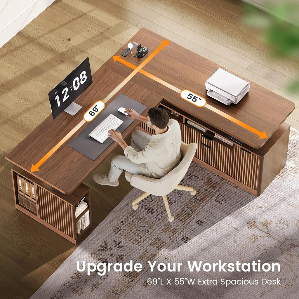 Fluted L Shaped Executive Electric Standing Desk with 4 Drawers | 69" x 55" Height Adjustable Office Desk with