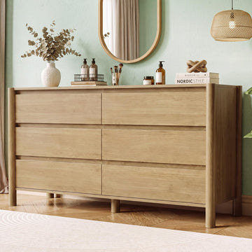 Oak Dresser, 47" Wide 6 Drawer Mid Century Modern Chest