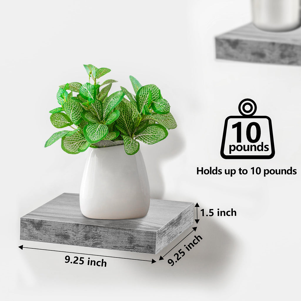 9x9 Inch Square Wood Floating Shelves for Wall (4 Pack, Rustic Grey)