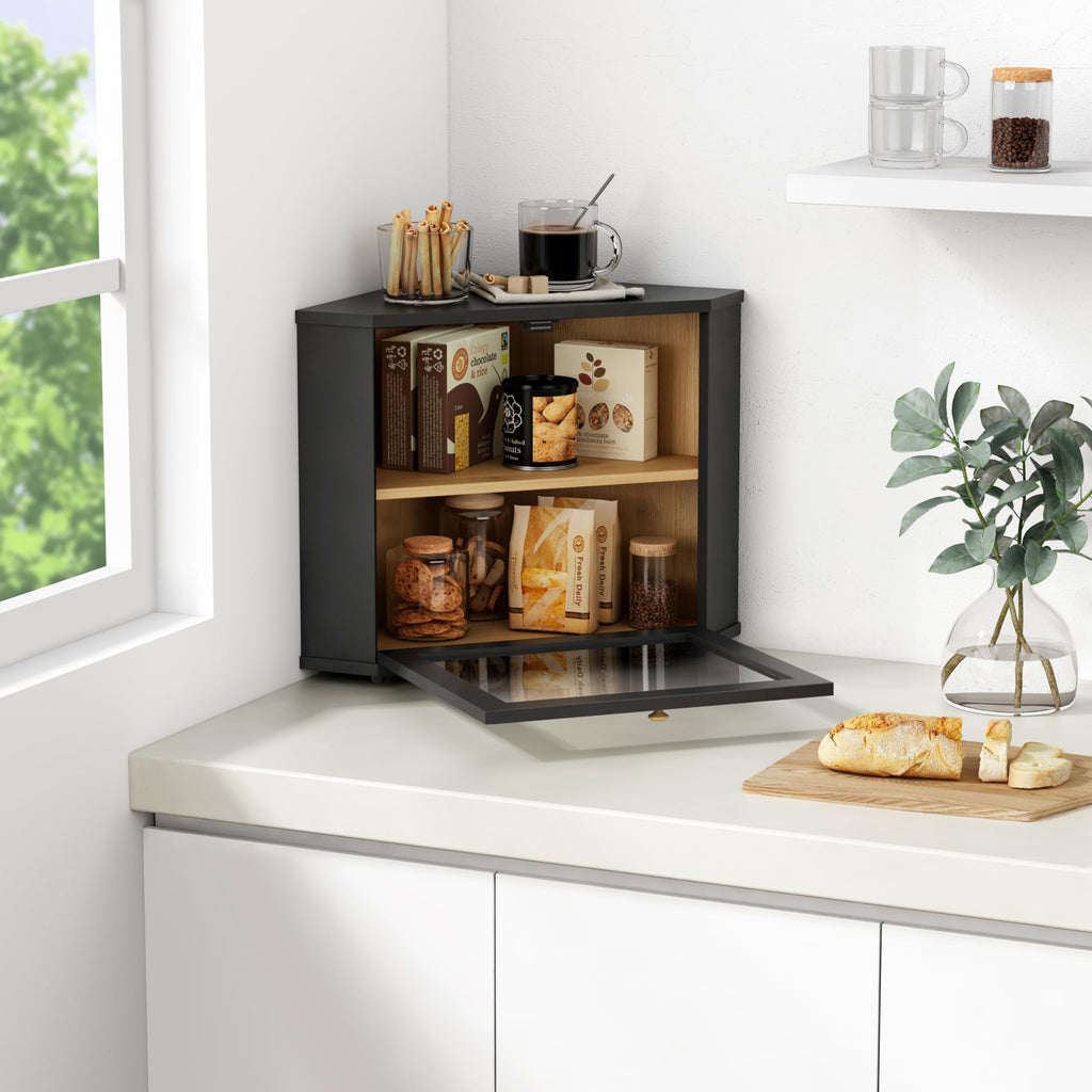 Corner 2 Tier, Double Layer Black Breadbox for Countertop