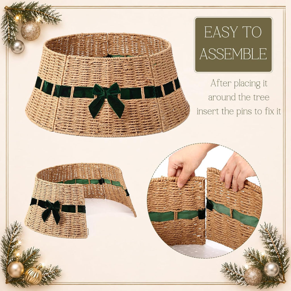 Wicker Christmas Tree Collar with Green Velvet Bow 23.6 Inch