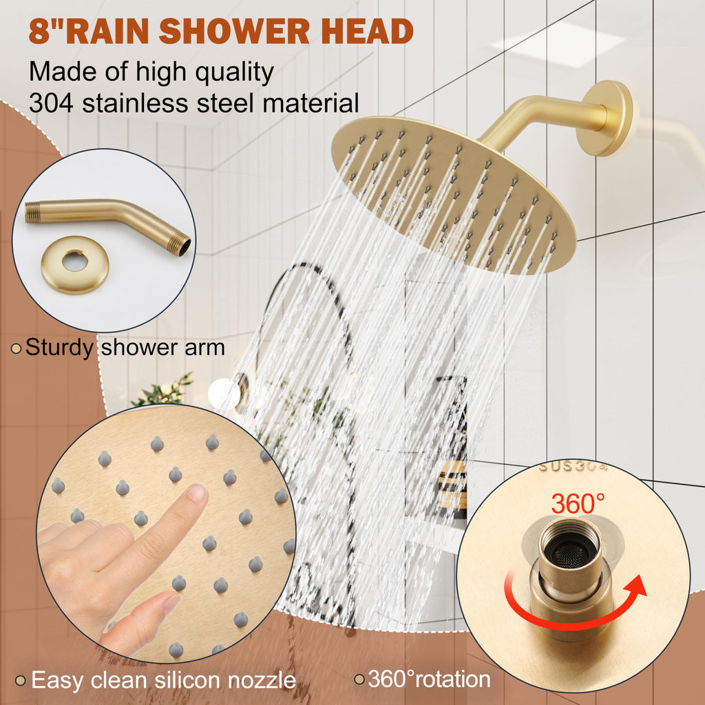 Tub Shower Faucet Set, 8" Rain Shower Head & Spout, Brushed Gold