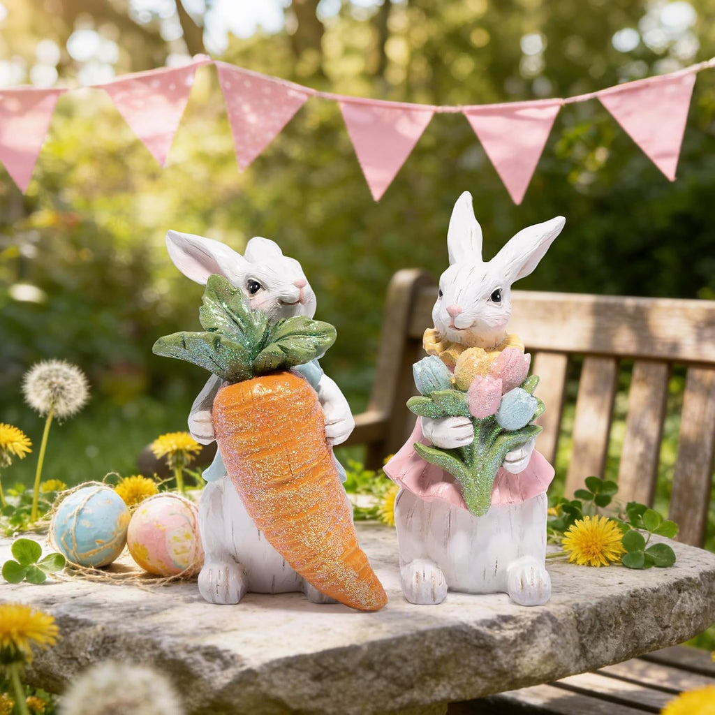 Easter Bunny Decorations Resin Rabbit Figurines with Carrot & Tulip Bouquet, Spring Indoor Decor Bedroom - Set of 2