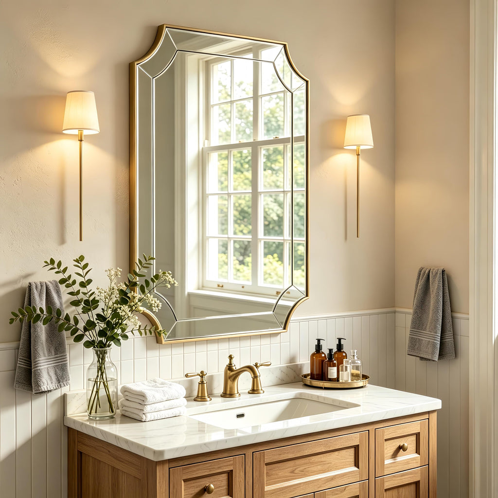 24x36 Scalloped Mirror, Gold Rectangle Wall Mirror with Scallop Corner, Non-Rusting Vanity Mirror with Curved Cutouts
