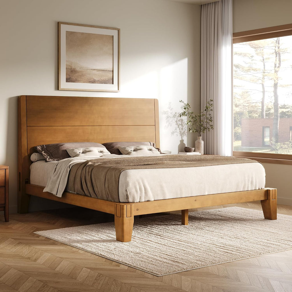 Solid Wood Queen Bed Frame with Headboard, Japanese Joinery, Brown