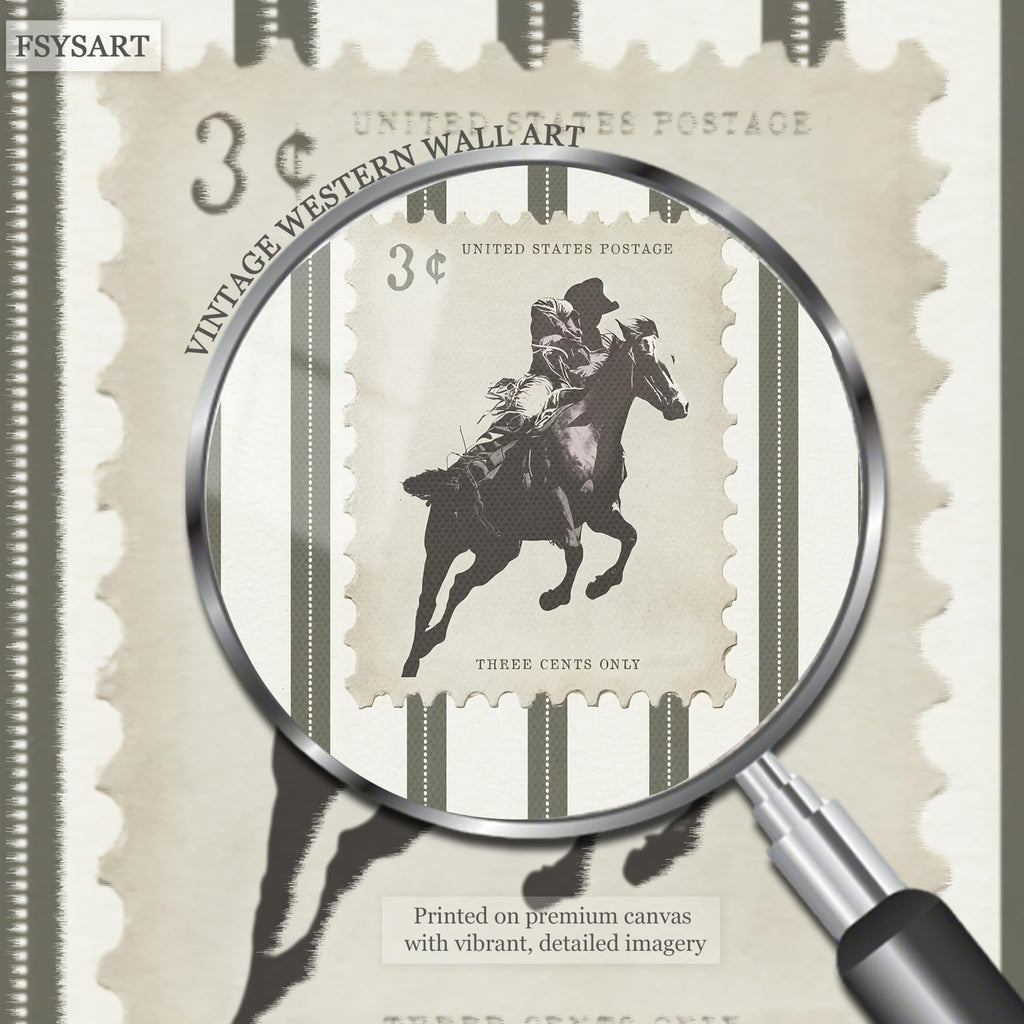 Framed Vintage Western Cowboy Wall Art Set of 3, Retro Cowboy Stamp and Stripe Prints, Classic Mid Century Riding