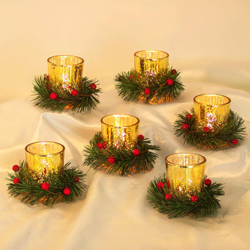 Christmas Tealight Candle Holder, 6Pcs Candleholder with Xmas Wreath