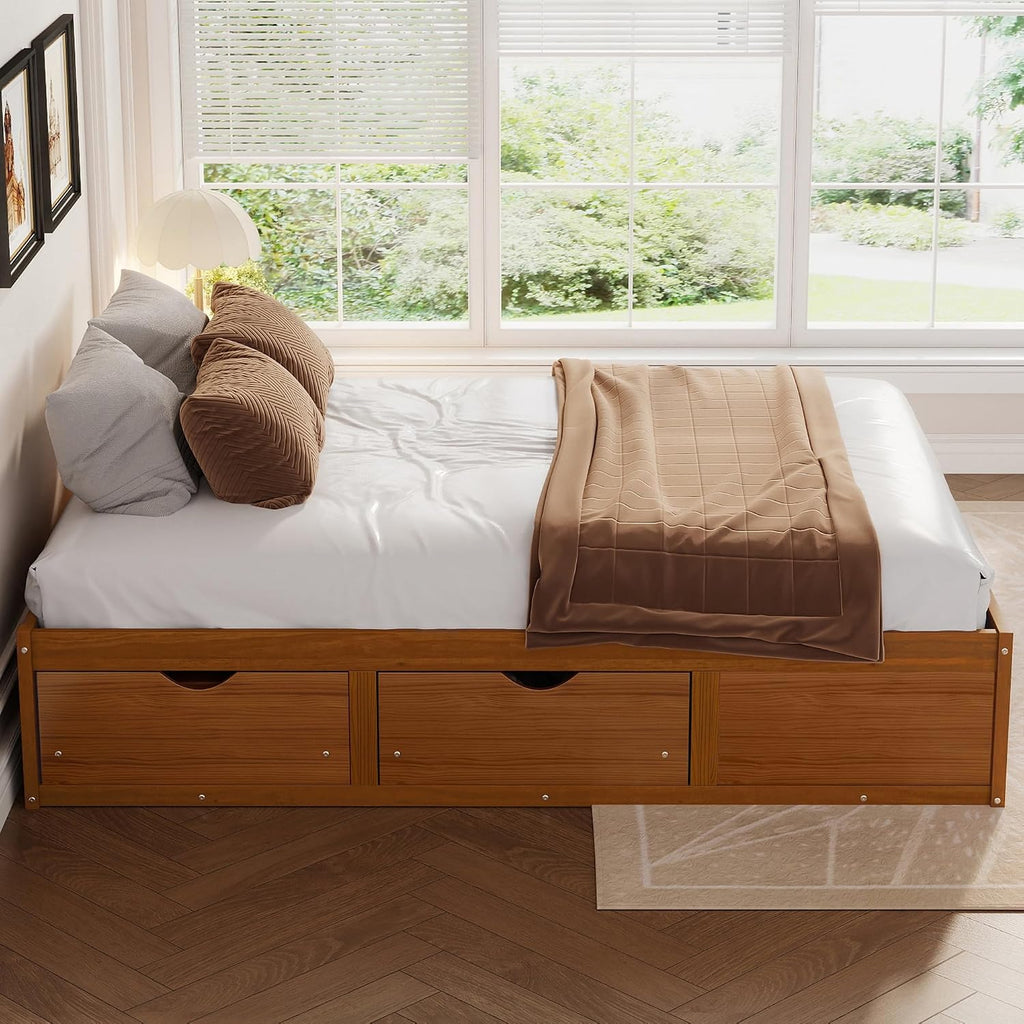 Japanese Queen Size Wooden Floor Bed Frame with 6 Storage Drawers