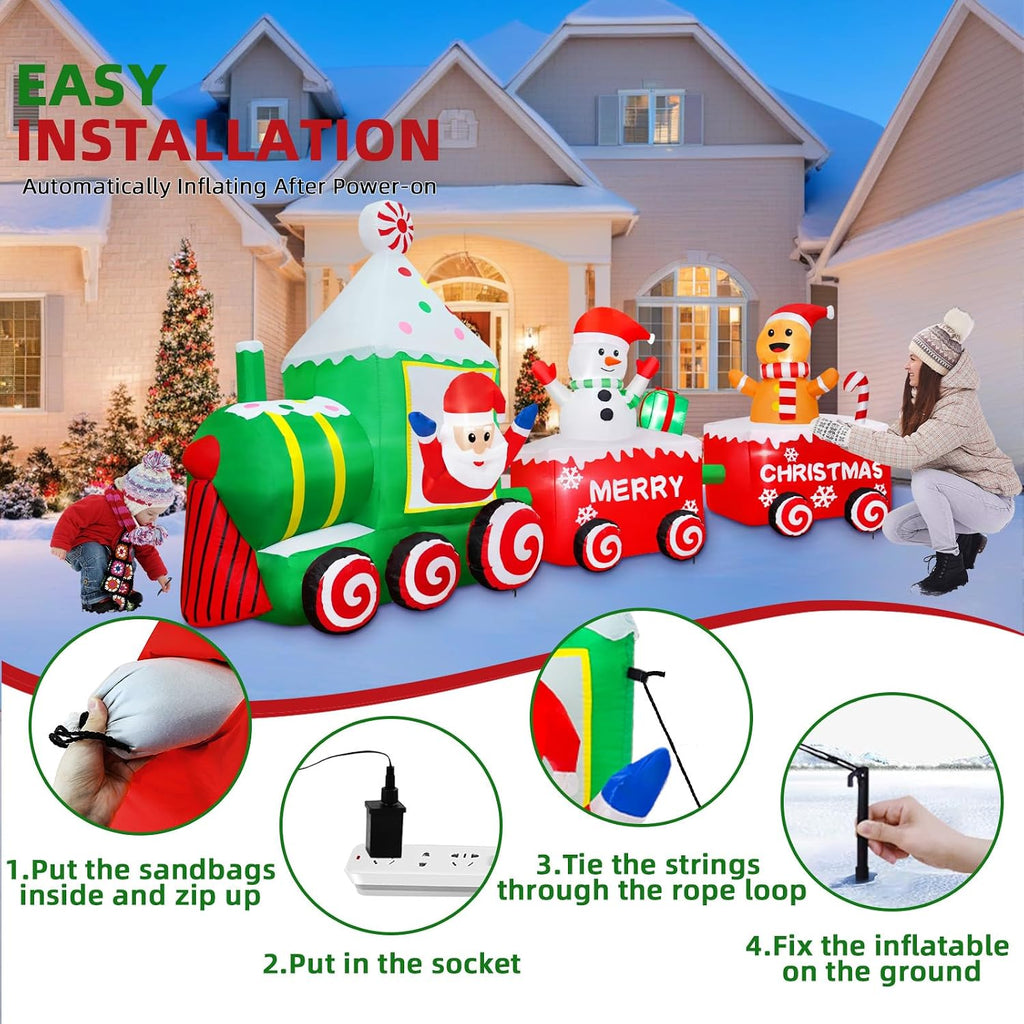 12FT Christmas Inflatable Santa Claus on Train Outdoor Decorations, Lighted Inflatable Christmas Train with Snowman