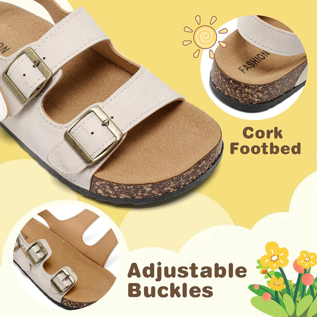 Kids Cork Footbed Sandals - Boys Girls Toddler Adjustable Double Buckle Slides with Back Strap, Lightweight Summer