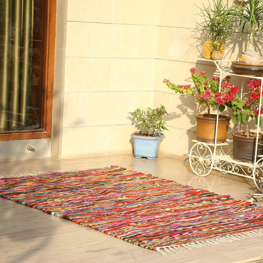 Multicolor Bohemian Rug Boho Striped Recycled Cotton Chindi Area Rugs with Decorative Tassels