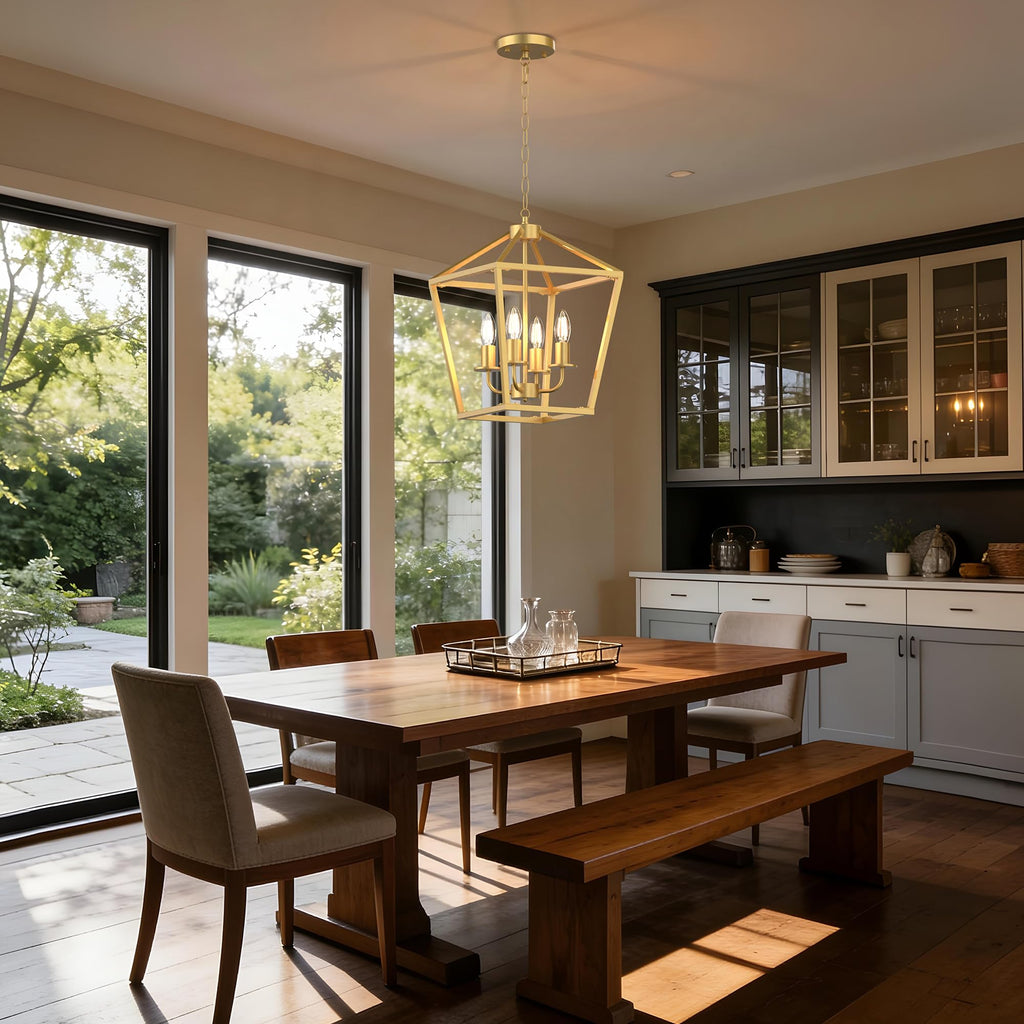 4-Light Gold Chandelier, Modern Farmhouse Lantern Light Fixture