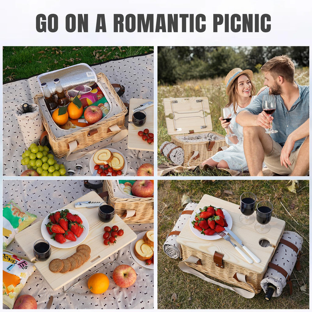 Picnic Basket for 2, Handmade Wicker Picnic Set with Folding Table and Waterproof Blanket, Large Insulated Picnic