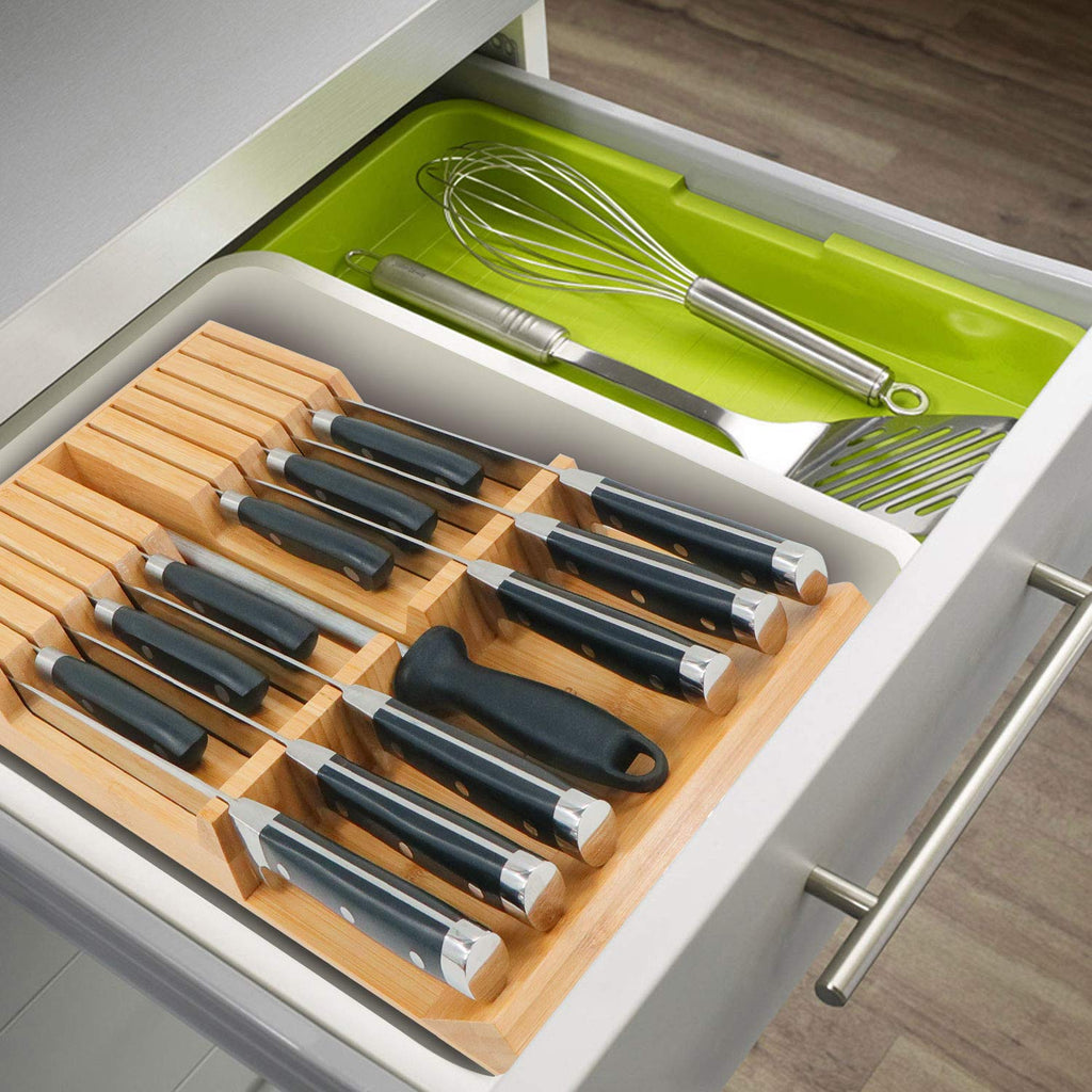 In-Drawer Knife Block Bamboo Drawer Organizer, 12 Knives Holder