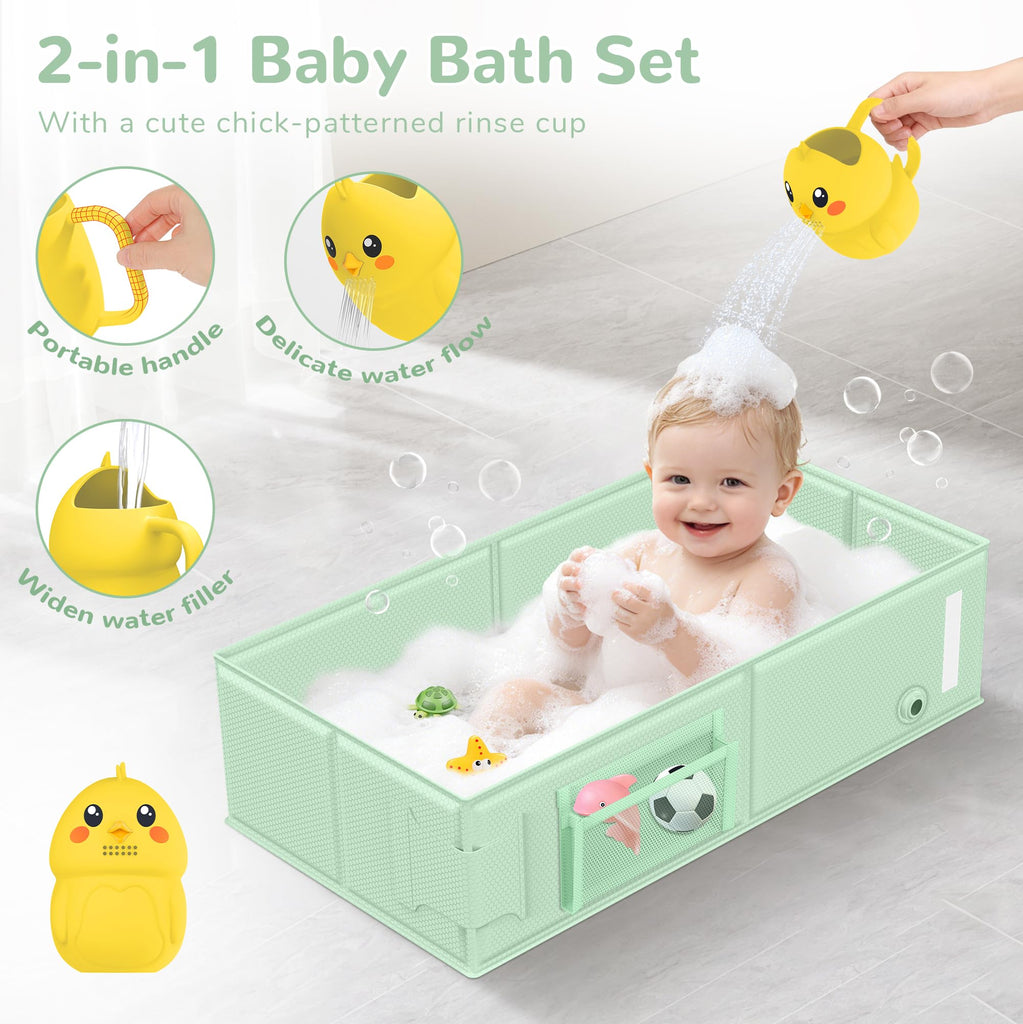 Collapsible Baby Bathtub, Foldable Toddler Bath Tub with Chick Pattern Bath Rinse Cup, No Assembly Portable Travel
