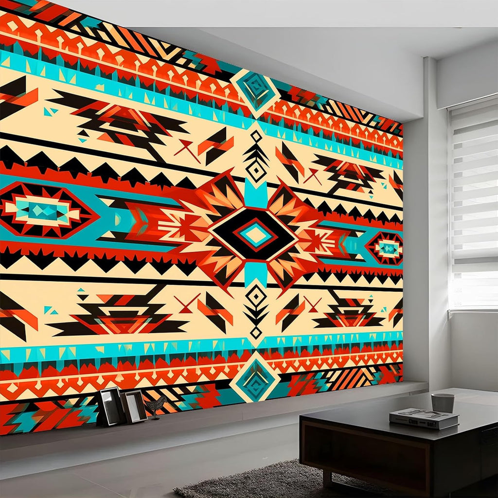 99" W x 69" H Non-Woven Mural Tribal Theme Traditional Geometric Theme Wallpaper Removable Not Self-Adhesive Large