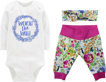 Worth the Wait Baby Girl Going Home Outfit - Watercolor Floral - Bodysuit, Yoga Pant, and Headband