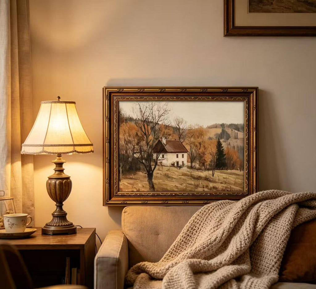 Vintage Gold Framed Autumn Country Cottage Wall Art, Rustic Farmhouse Landscape Canvas Prints, Retro Fall Cabin