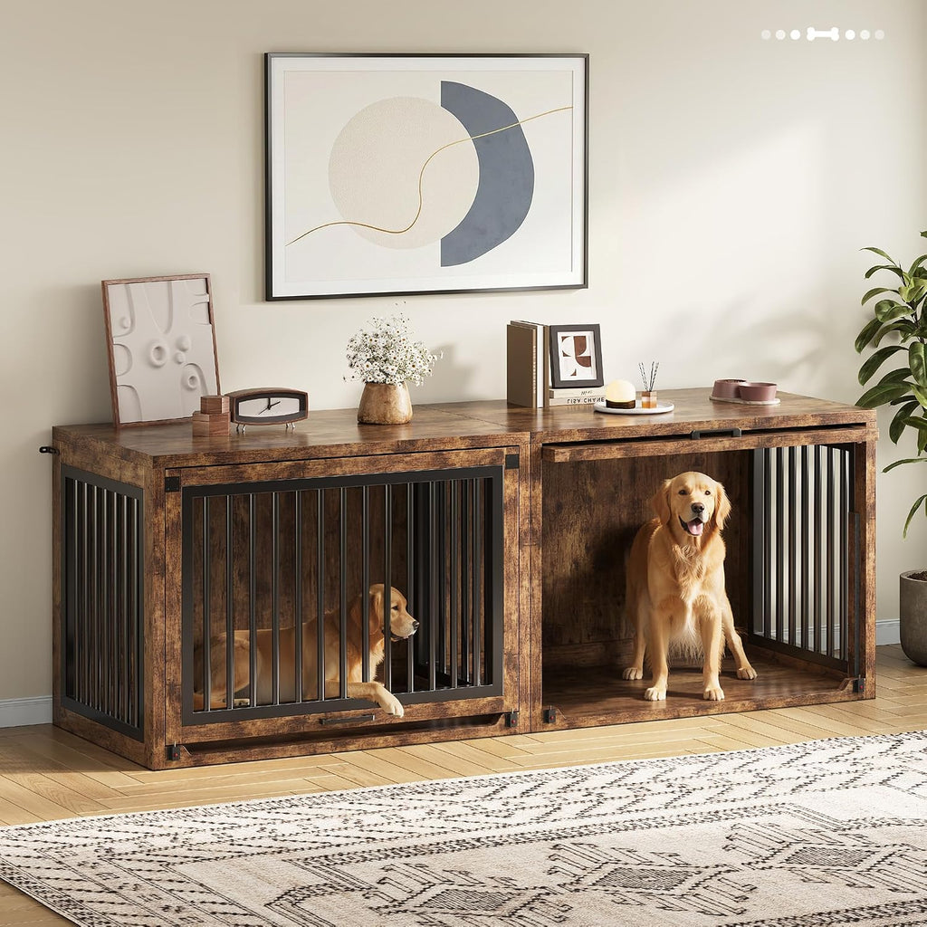 Dog Crate Furniture - 42'' Wooden Dog Kennel for Large Dogs up to 80 lb, Large Dog Crate with Hidden Sliding Door