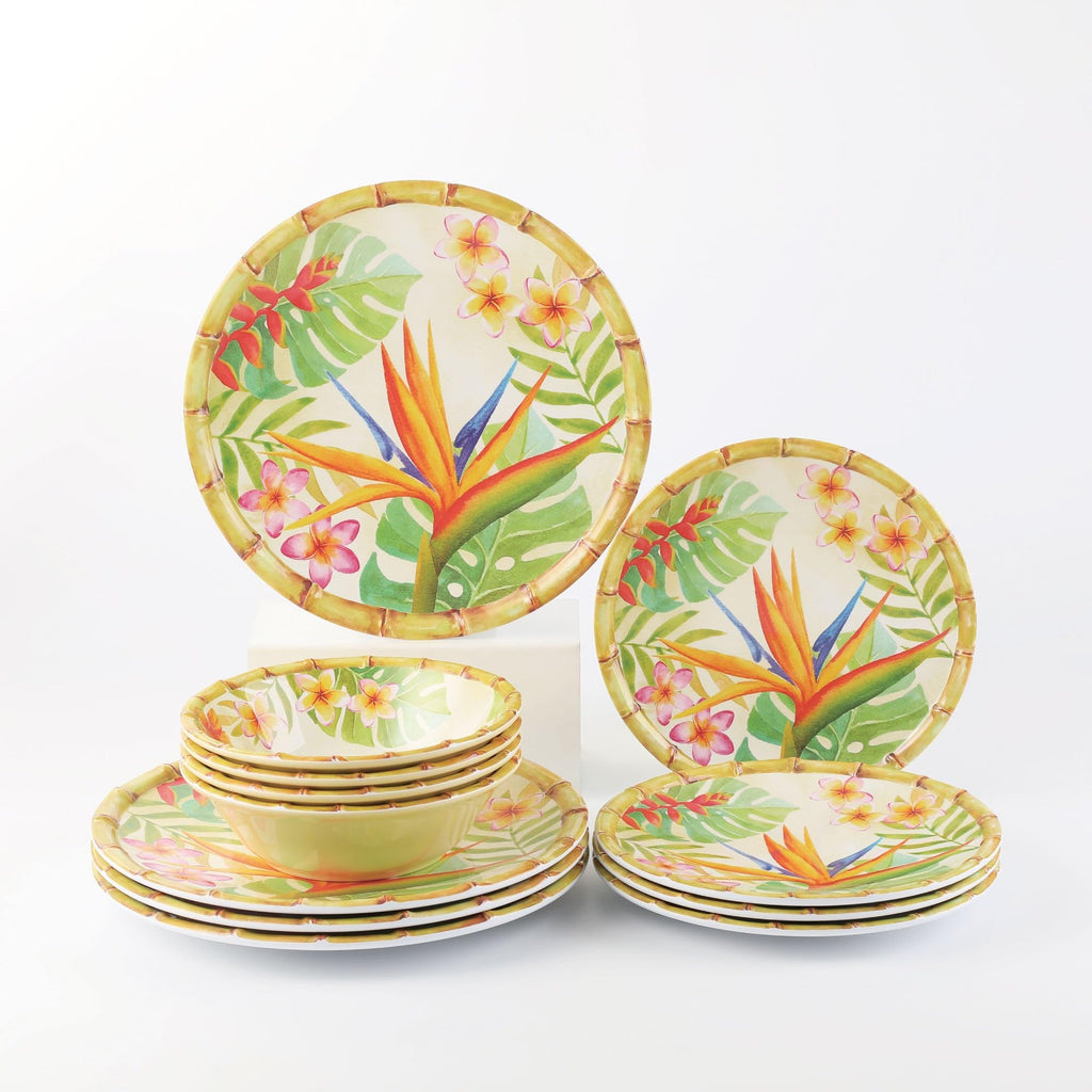 12 Piece Bird of Paradise Melamine Dinnerware Sets, Outdoor Dishes Set, Plates and Bowls Sets, Service for 4