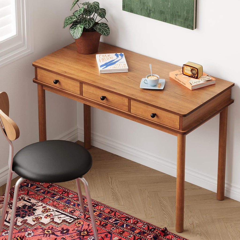 Mid‐Century Wood Writing Desk with 3 Storage Drawers, Solid Wood Legs Home Office Computer Workstation
