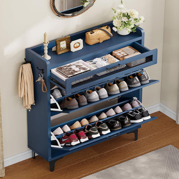 Shoe Cabinet with 2 Flip Drawers & Top Drawer, Farmhouse Narrow Shoe Storage Cabinet with Adjustable Shelves & Hooks