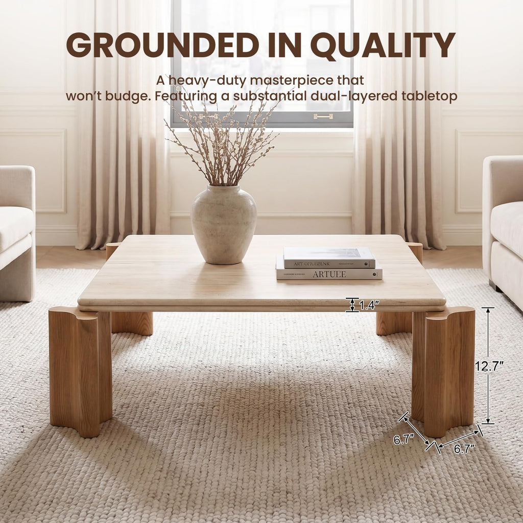 Large Faux Travertine Coffee Table, 47" with Curved Wood Legs