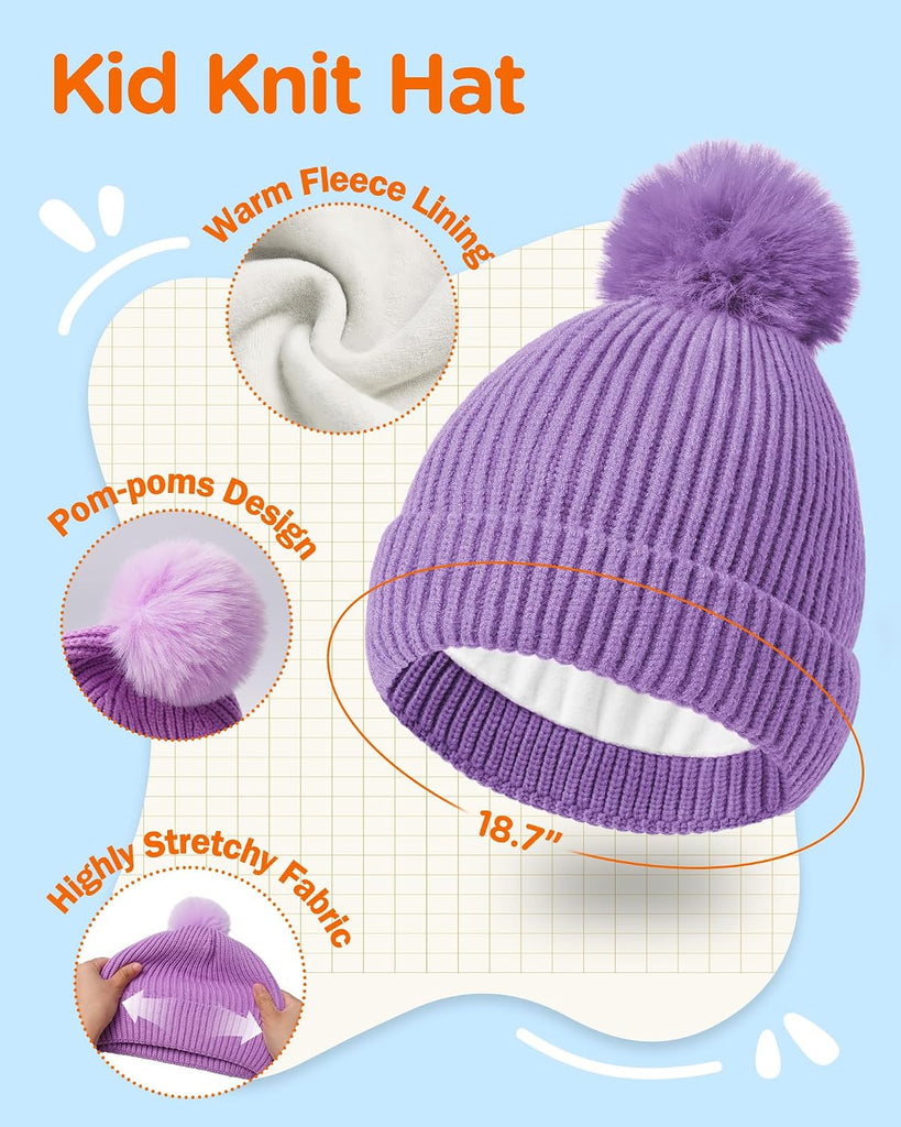 Kids Winter Hat Gloves Scarf Set Children Pompom Knit Beanie Warm Gloves with Thick Fleece for Boys Girls