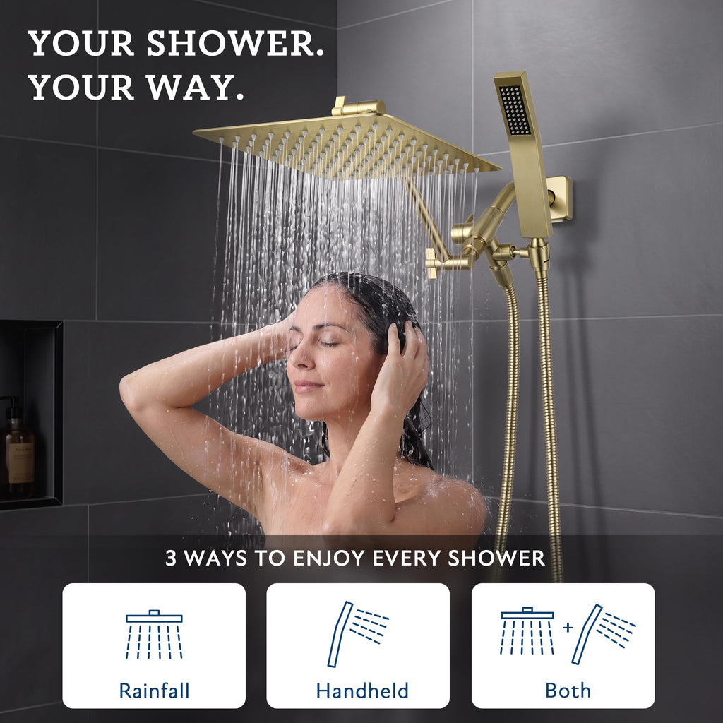 All Metal 8-Inch Dual Square Shower Head Combo, Rain Shower Head, Handheld Shower Wand with 71-Inch Extra Long Hose